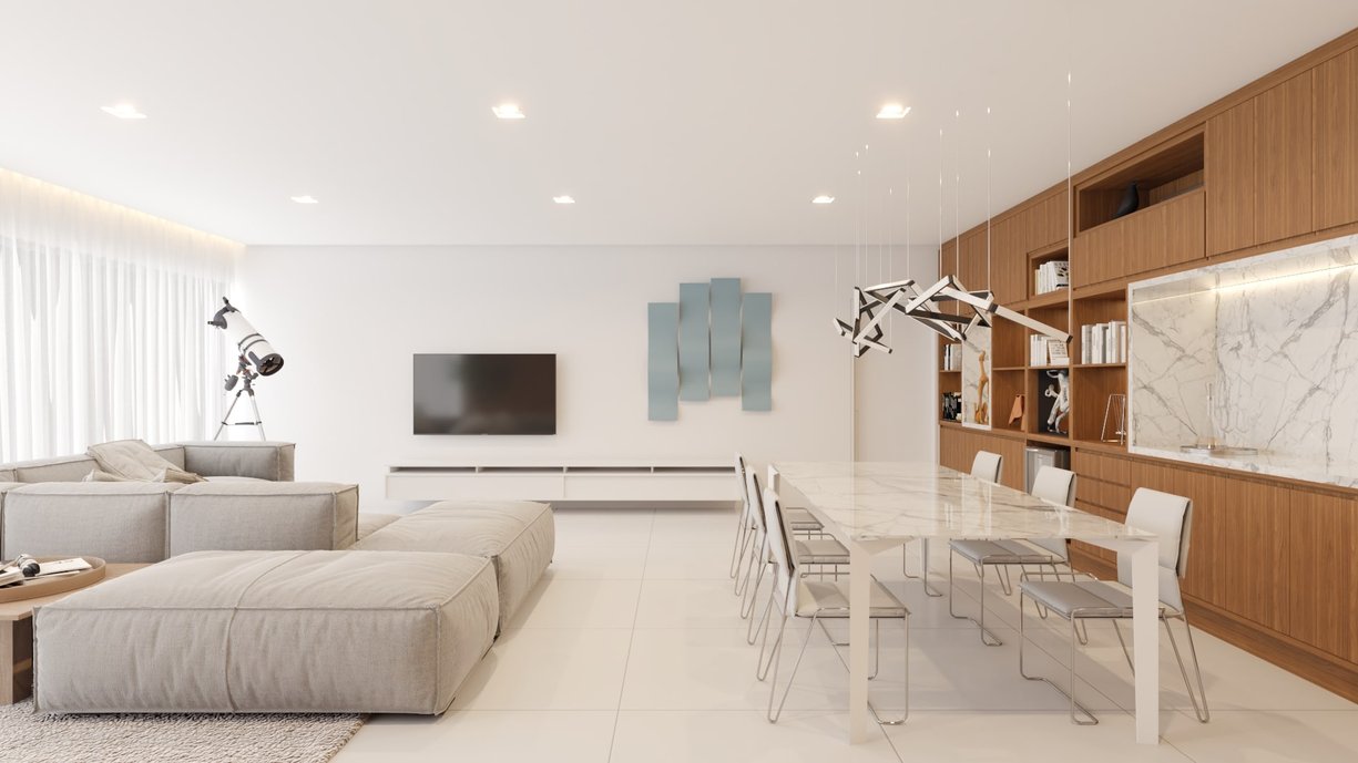A sala ampla foi imaginada para uma família grande que recebe muitas visitas em casa. As grandes portas de vidro proporcionam iluminação natural em abundância. #ConcursoArchtrendsCasoca