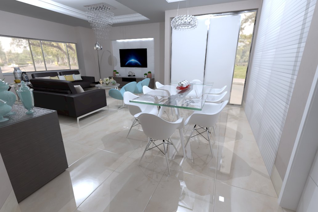 Sala Moderna com detalhes em azul céu.