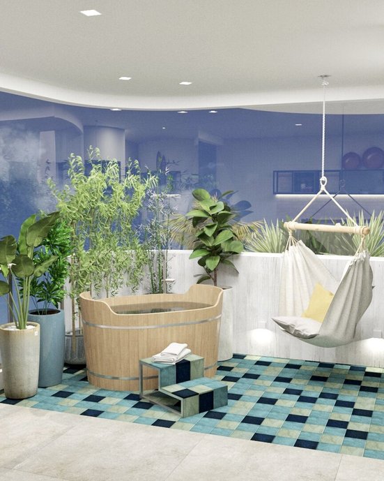 Canto relax - Piso em mosaico com 3 cores de sunset e mureta com cottage cannelle, que com seu formato 11x120 permite aplicação tranquila em superfícies curvas.