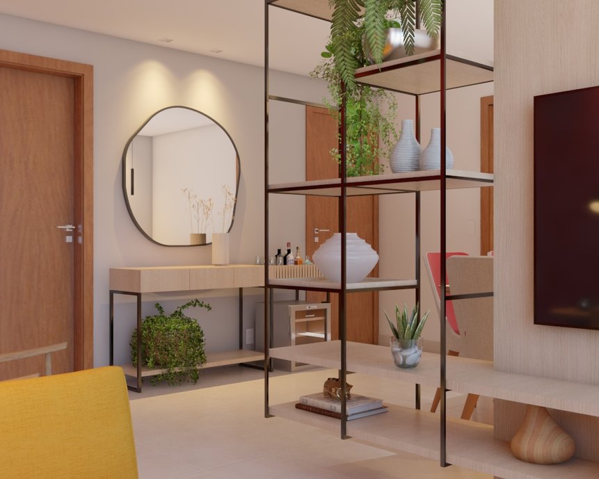 VIsão do aparador bar no mesmo material do painel de tv. A serralheria preta combina com o piso imitando cimento queimado, aqui nesse projeto passou um ar de sofisticação e modernindade!
