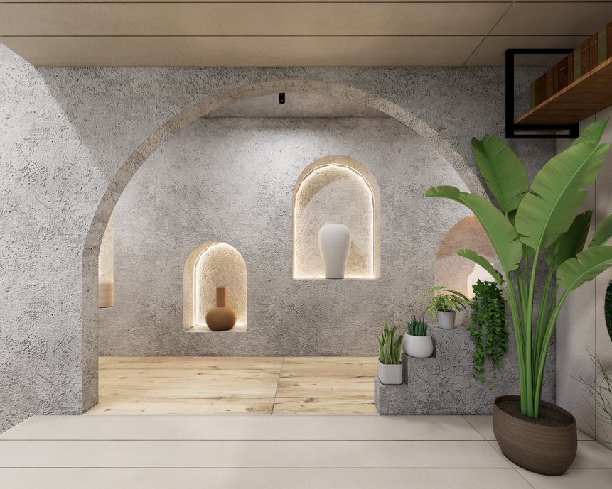 A casa ArcoS foi projetada para transmitir uma sensação de leveza e conforto que todo ambiente familiar deve ter. E com isso, foi aplicado o revestimento da Portobello: Nordik Wood, que simula madeira para trazer um contato maior com a área externa e sem haver um maior impacto ambiental. Na cozinha, o piso Dansk Cement Rope foi aplicado com intuito de quebrar com o seguimento do revestimento da sala de estar e trazer ao ambiente a particularidade, mas com total integração com o restante da residência. Na área externa, temos a presença do cobogó Elemento, com toque leve e geométrico que orna com todo espaço de convivência e ajuda na proteção do sol, permitindo ainda a circulação do vento em todo o ambiente. O uso de vegetação não foi em vão, temos pensado a questão climática dentro do projeto e optamos pela distribuição de forma igualitária para uma melhor experiência climática e de permanência. Janelas e portas de grandes aberturas e de fácil fluxo foram usadas para uma melhor ventilação, com isso não sendo n
