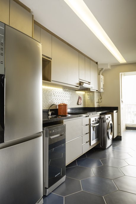 Cozinha Integrada com porcelanato hexagonal 