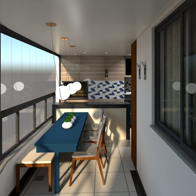 Vista da bancada e churrasqueira, com o uso dos revestimentos portobello em destaque