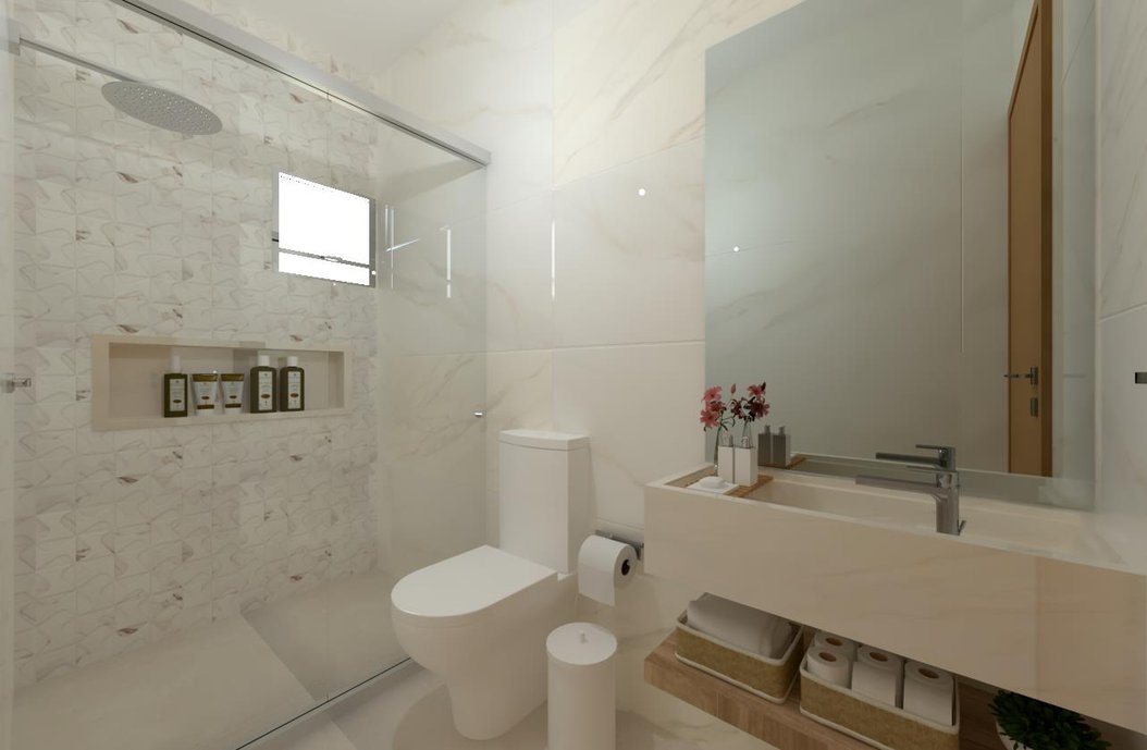 BIANCO COVELLANO e MOS PAONAZZETTO combinação perfeita para seu ambiente. A bancada bloco e o nicho nest complementa o banheiro na mesma peça de porcelanato. 