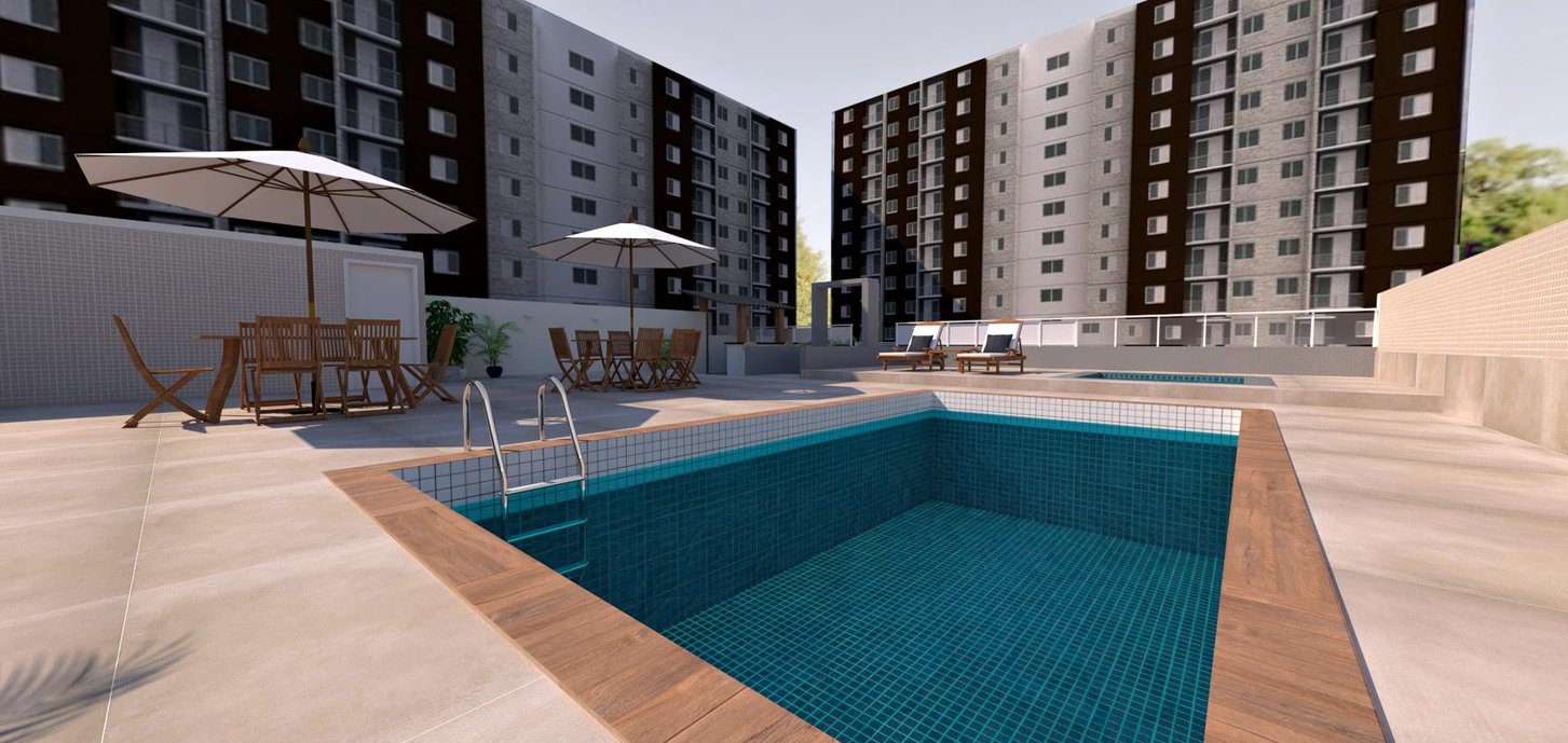 Opção 2: Paredes piscina e fundo em Verde Angra dos Reis 7,5x7,5 brilho + faixa nas paredes em branco itacare + piso da área externa superquadra concreto 120x120 ext.
