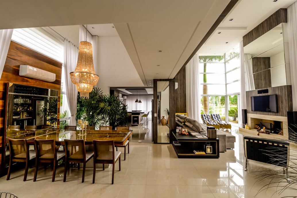 Living e jantar conjugados - revestimento perlino bianco no piso