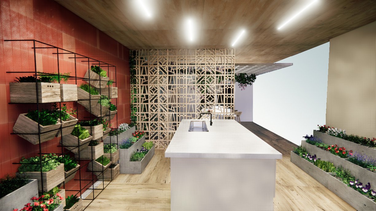 Este é o projeto de uma cozinha horta aconchegante, aqui o layout foi realizado em conceito aberto para proporcionar o melhor deslocamento da família ao transferir os alimentos da horta até a cozinha, tendo apenas o painel de cobogós para gerar uma demarcação entre os ambientes, assim até as crianças poderiam recolher e lavar os alimentos na horta com segurança, já que os pais conseguiriam observar pela cozinha. No quesito do design do ambiente, foi pensado para gerar um aconchego no ambiente, aonde remetessem as raízes da família, mas que ao mesmo tempo fosse contemporâneo, sendo assim foram inseridos bastante tons terrosos, de cimento, madeira, pedra nas bancadas, cobogós, e além de vegetações, todos sendo elementos naturais que remetem a uma raiz familiar aconchegante. E além de gerar o consumo de alimentos naturais e mais saudáveis para a família, a horta tem uma saída para a área externa da casa, aonde tem um armazenamento de captação de água da chuva que é utilizado para regar e lavar os alimentos da horta.