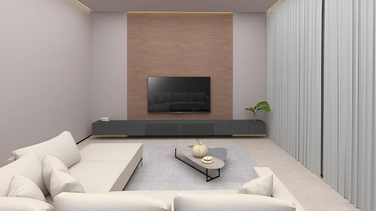 A composição de uma sala de TV usando os lançamentos Portobello Shop da linha Creta, Finiture, Officina Portobello Ohtake e, em destaque, um painel com o produto Avantgard Brunet.