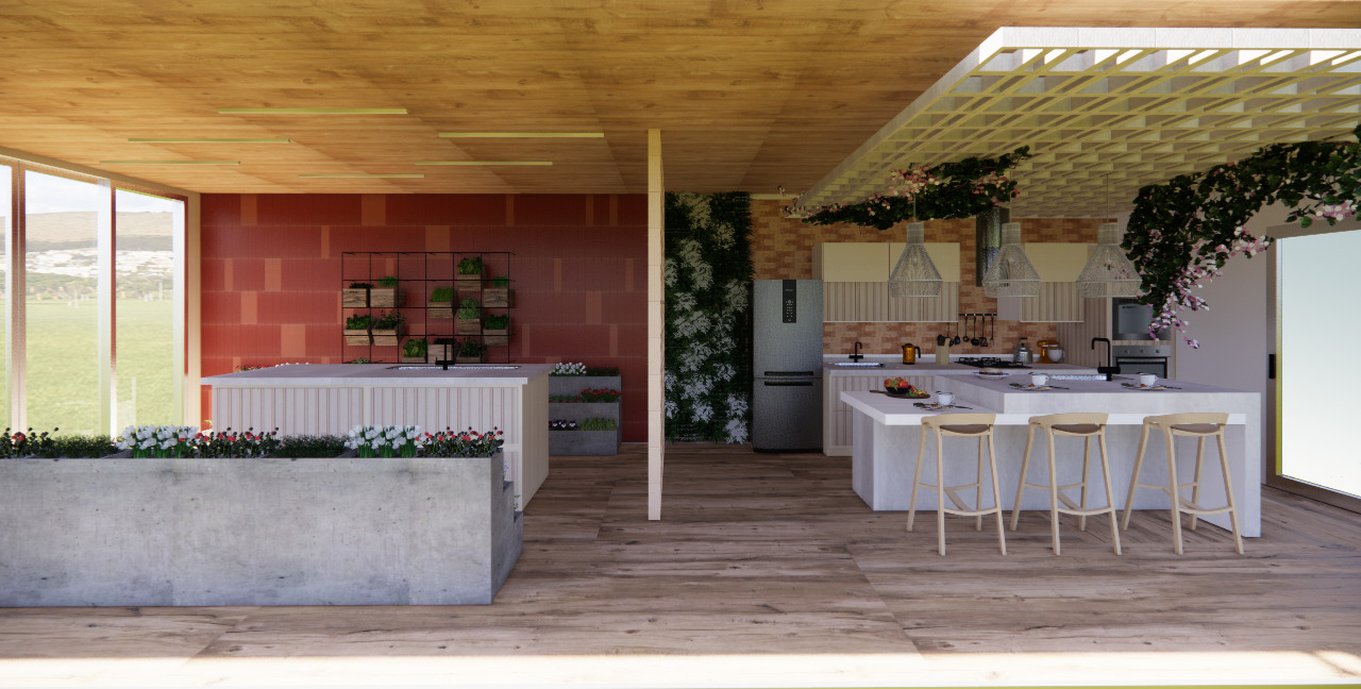Este é o projeto de uma cozinha horta aconchegante, aqui o layout foi realizado em conceito aberto para proporcionar o melhor deslocamento da família ao transferir os alimentos da horta até a cozinha, tendo apenas o painel de cobogós para gerar uma demarcação entre os ambientes, assim até as crianças poderiam recolher e lavar os alimentos na horta com segurança, já que os pais conseguiriam observar pela cozinha. No quesito do design do ambiente, foi pensado para gerar um aconchego no ambiente, aonde remetessem as raízes da família, mas que ao mesmo tempo fosse contemporâneo, sendo assim foram inseridos bastante tons terrosos, de cimento, madeira, pedra nas bancadas, cobogós, e além de vegetações, todos sendo elementos naturais que remetem a uma raiz familiar aconchegante. E além de gerar o consumo de alimentos naturais e mais saudáveis para a família, a horta tem uma saída para a área externa da casa, aonde tem um armazenamento de captação de água da chuva que é utilizado para regar e lavar os alimentos da horta.