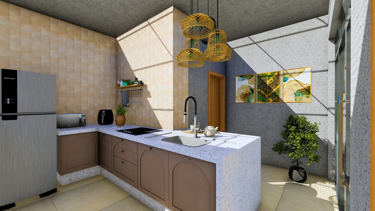 Essa cozinha 3D, parte do projeto Casa Pátio IB, mostra como o bom planejamento transforma ambientes compactos em espaços funcionais e acolhedores.