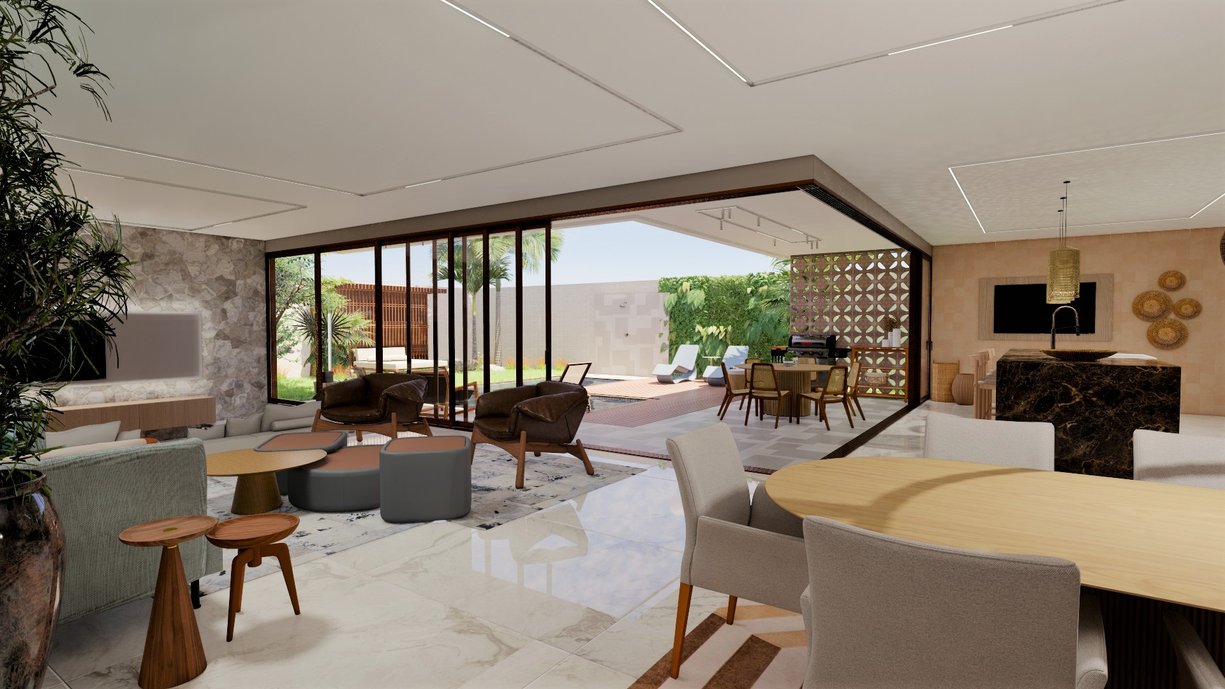  Living, sala de tv e gourmet integrado