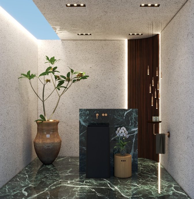 O equilíbrio perfeito entre elegância e funcionalidade. Este lavabo contemporâneo redefine o conceito de sofisticação, transformando o simples ato de lavar as mãos em uma experiência luxuosa. 