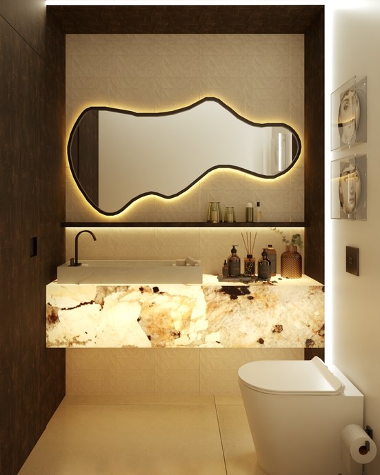 Lavabo com o revestimento Bloomy Off White Hug na parede e Superquadra Cru no piso.
