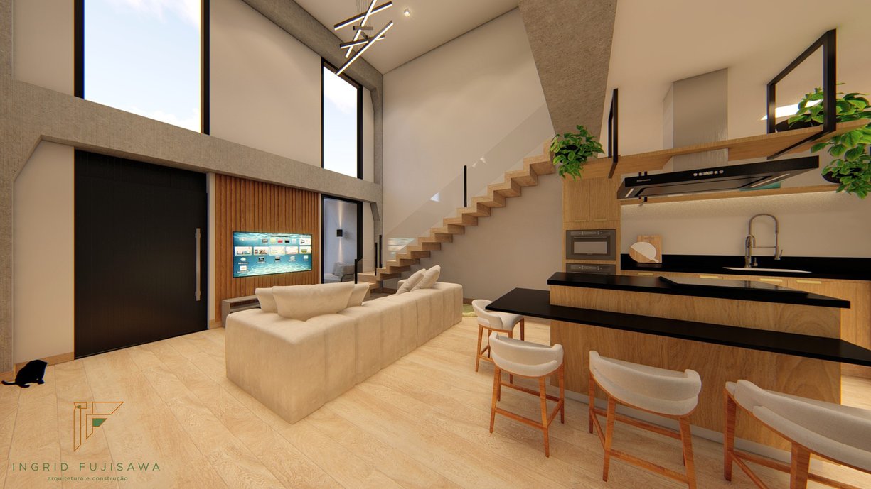 Sala e Cozinha se integram neste projeto moderno. As vigas e pilares em concreto armado pré moldado dão o ritmo industrial ideal para este casal e seus pets.