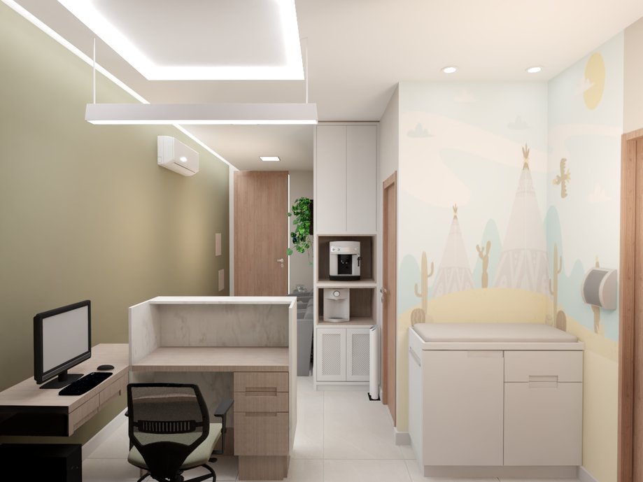 O projeto propõe que a sala aberta seja dividida em salas de forma a comportar a recepção, sala de vacina, sala de atendimento, copa, banheiro de funcionários e banheiro de pacientes, fora um espaço para as mães recentes trocarem seus filhos.