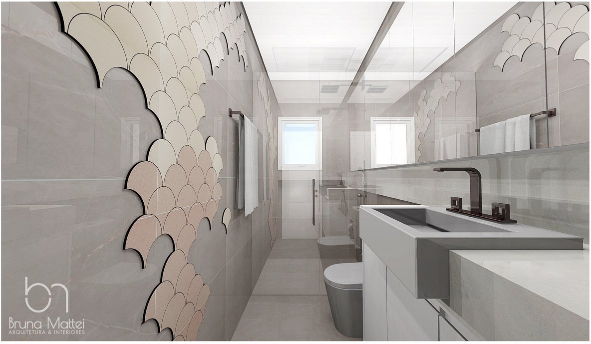 Banheiro sofisticado em tons marmorizados, e com toque de modernidade.