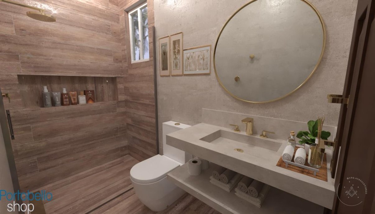 banheiro revestido com sequoia mix 20X120, brasilia concreto cinza 90X90