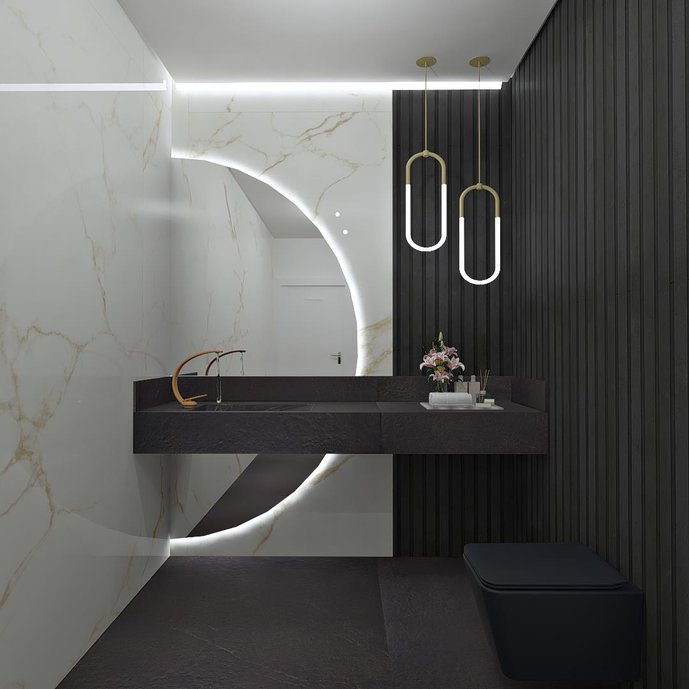 Neste projeto foi utilizado grandes formatos de porcelanato as lastras que reproduzem os mármores e sua beleza ante atemporal