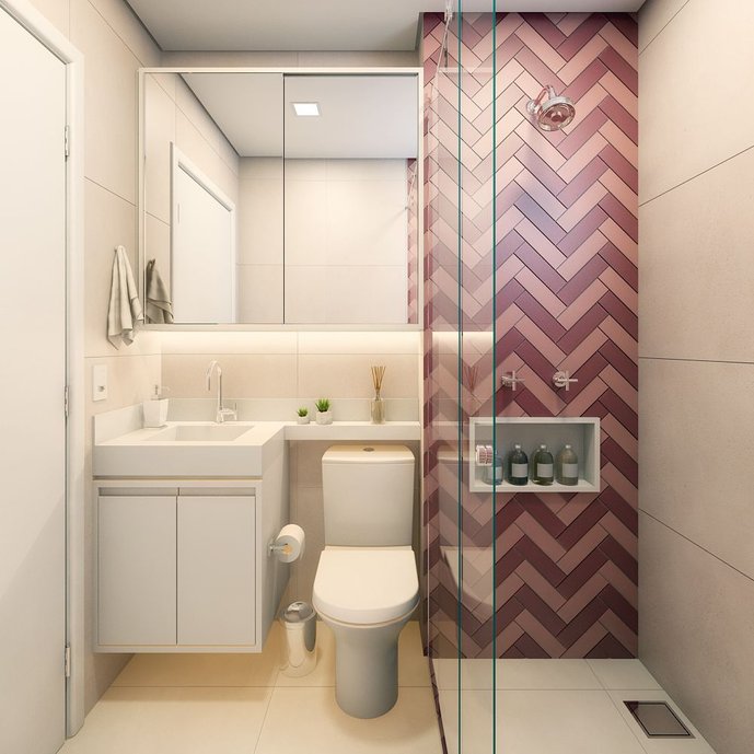 Reforma de banheiro com Pietra de Firenze e Color Market nas cores Rosa Chá e Borgogna