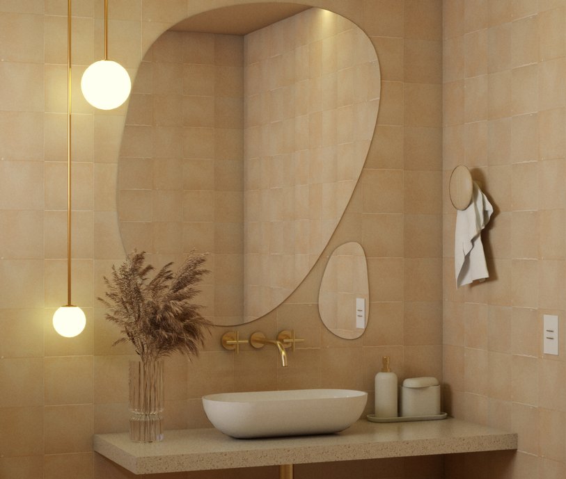 Um lavabo que traz leveza e feminilidade através de linhas simples e orgânicas.