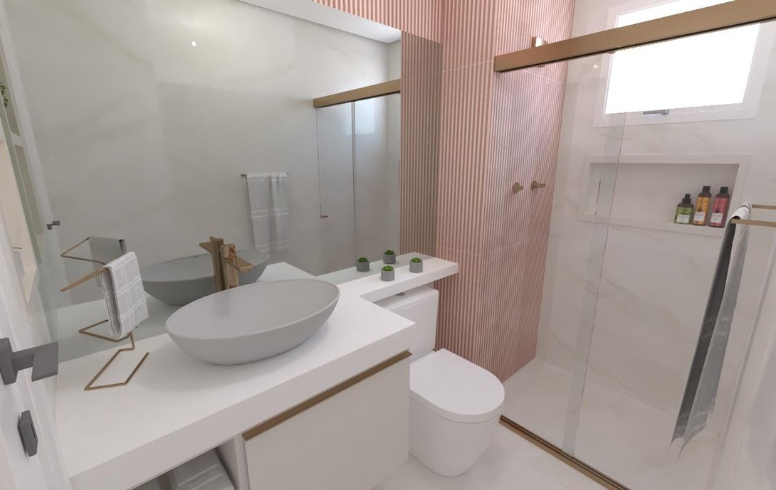 Projeto desenvolvido para Cliente, com toque especial do Zigzag Blush e metais Bronze fazendo a combinação perfeita com o marmorizado Bianco covelano. 