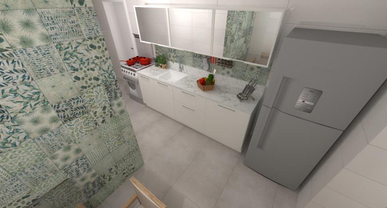 Cozinha com toque de verde, trazendo ar de natureza e contrastando com o concreto da linha Pietra de Firenze.