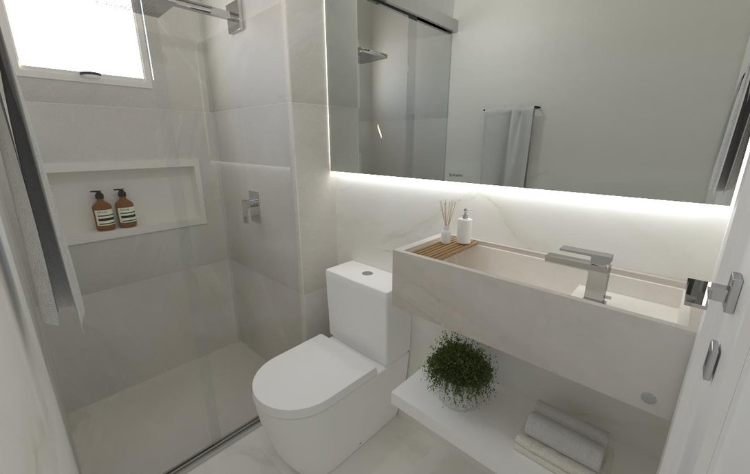 Um banheiro nada simples e sofisticado, com cores claras e clean. 
