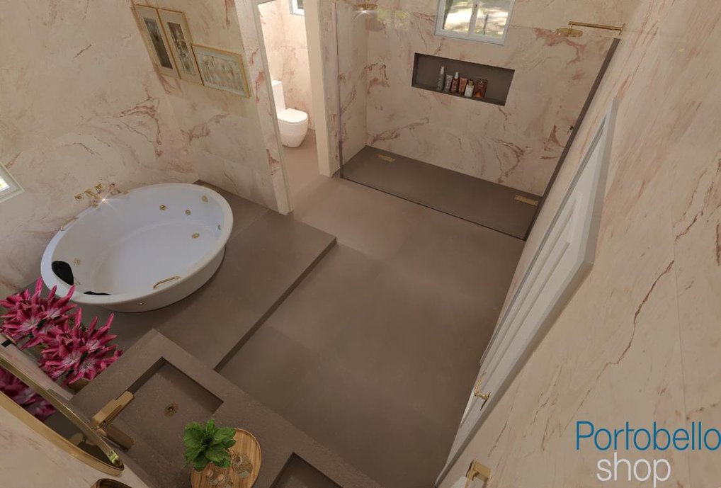 Banheiro revestido com siena chianti nas paredes e dansk cement mud no piso e bancada.