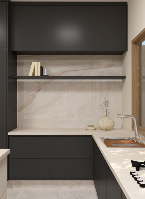 Proposta de uma cozinha com produtos da coleção unlimited: piso Folk ice, ilha com Dansk e detalhe com Palissandro. Projeto: @lauramagalhaes.arquitetura