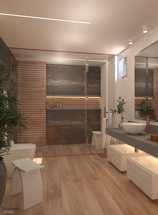 Banheiro projetado com as linhas Steel Corten e Liverpool White, revestimentos escolhidos pelo especificador Marco Antônio. Projeto e render: Portobello Shop Belém.