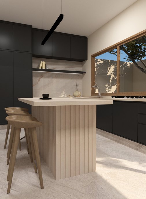 Proposta de uma cozinha com produtos da coleção unlimited: piso Folk ice, ilha com Dansk e detalhe com Palissandro. Projeto: @lauramagalhaes.arquitetura
