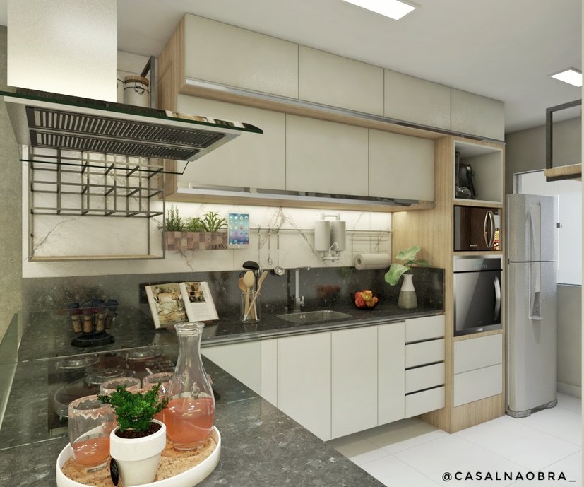 Cozinha com revestimento Bianco di Elba 60x120m acima da bancada da cozinha 