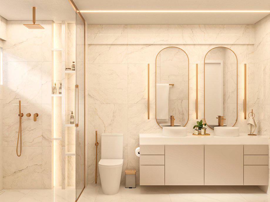 Uma proposta cheia de elegância desse banheiro master em tons claros e detalhes em dourado.