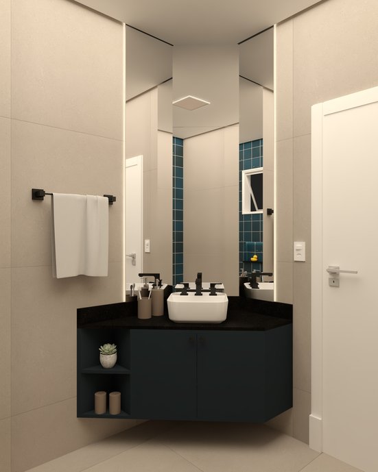 Banheiro para os filhos, azul e preto predominam no projeto