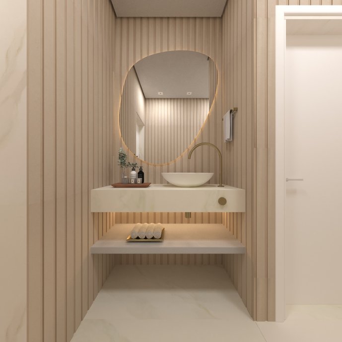 O lavabo pode ser o charme na sua casa, este lavabo foi utilizado o revestimento MOS RIPA DANSK CEMENT WHITE , E BIANCO COVELANO torna o ambiente totalmente especial e cheio de personalidade. Com iluminação indireta e metais dourados, fica ainda mais charmoso ;) Um lavabo dos sonhos, não é mesmo?