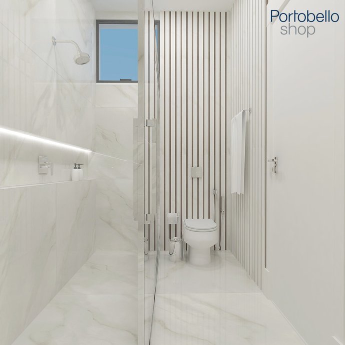 Banheiro com Bianco Covelano, com um ripado confeccionado dos produtos Bianco Covelano e Dansk Cement Mud