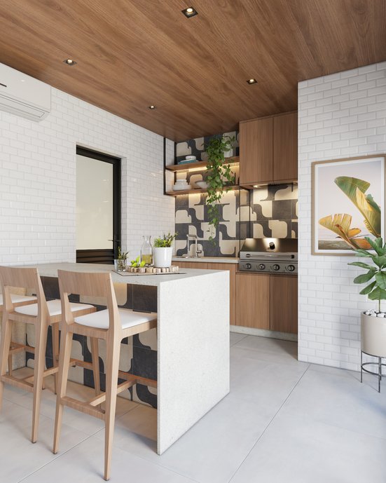 Perspectiva geral da área gourmet, valorizando a integração entre bancada, revestimentos e iluminação.