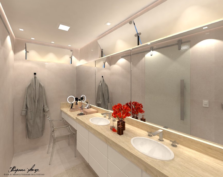 Banheiro clean para adolescente. Nele, destacamos as peças Pietra di Firenze, com acabamento natural no piso e polido nas paredes. Atemporalidade define o espaço.