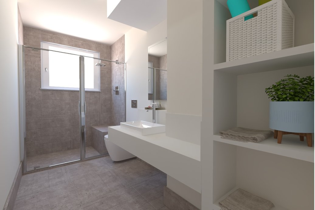 Banheiro contemporâneo mistura o clássico branco à modernidade do concreto. Metais Doco.l