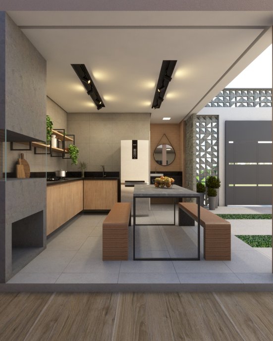 Piso e paredes revestidos com porcelanato Cimento Cinza 60x60. Revestimento da parede do lavabo em tijolinho Terracotta Alpine da linha Terracotta