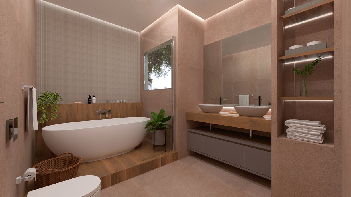 Esse projeto foi desenvolvido para o desafio do Archtrends Portobello 2022. Foi desenvolvido e trabalhado a ideia de um lugar para relaxamento e lazer, por isso consta a presença de uma banheira de imersão e detalhes, inclusive os revestimentos, que transmitam aconchego e leveza. 