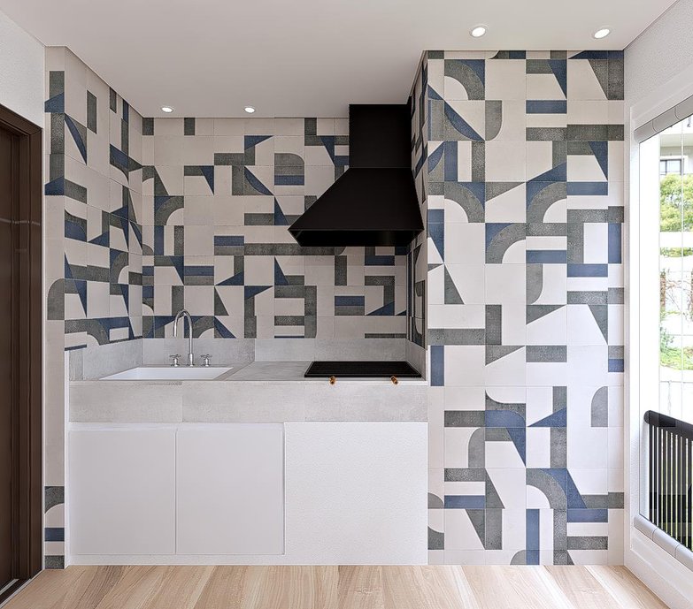 Área gourmet clean e moderna com a linha superquadra cru, tanto para decoração em destaque quanto para a bancada esculpida. 