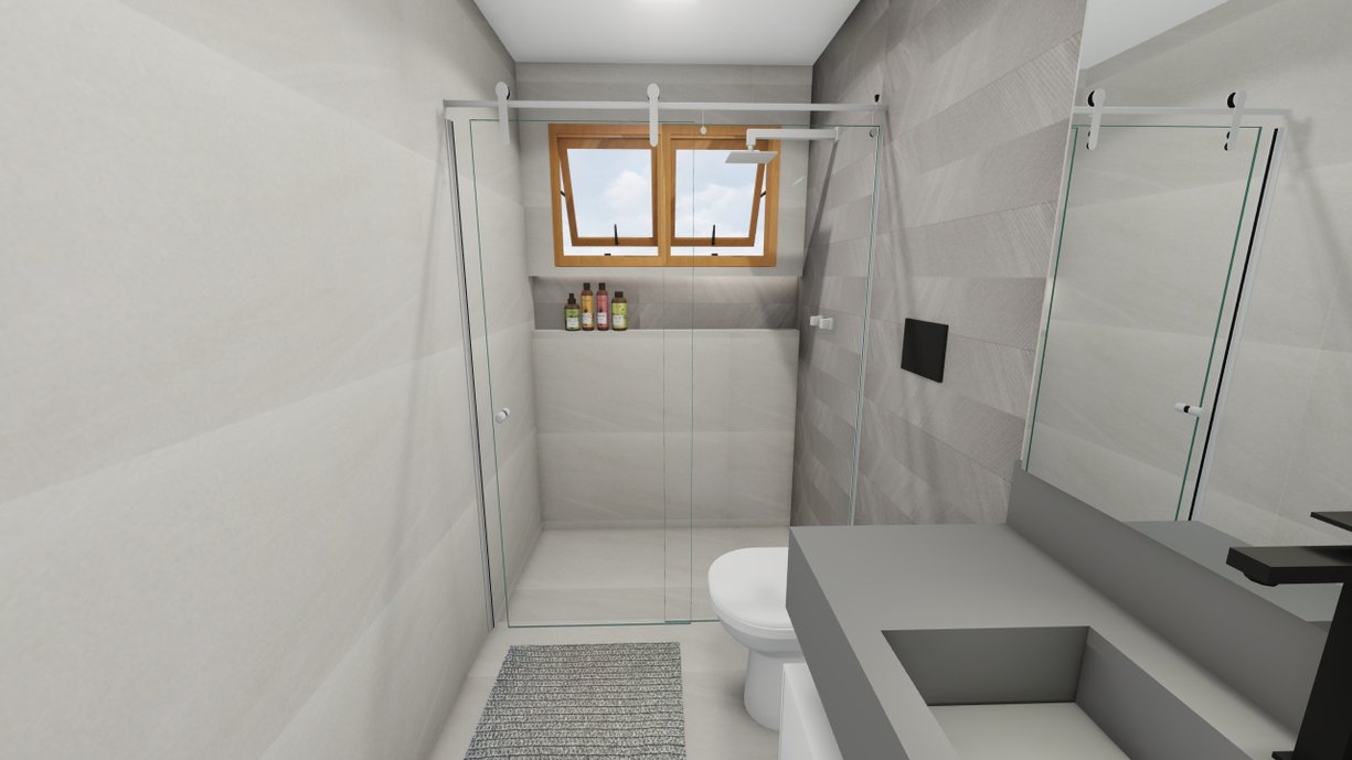 Projeto do banheiro social em tons de cinza com os metais pretos e pia esculpida em silestone
