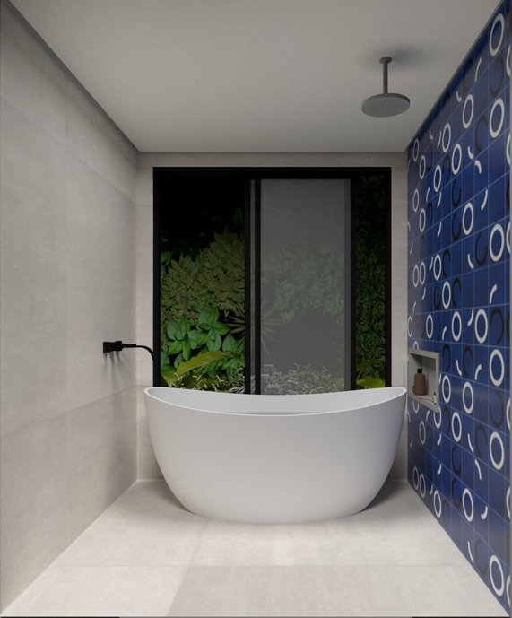 Banheiro spa com jardim combinando os produtos da linha Oh!take e Athos Bulcão, trabalhando com banheira Sabbia e metais Docol.