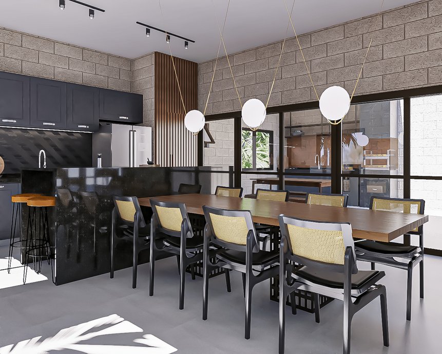 Projeto de interiores para uma residência unifamiliar, de um casal e dois filhos muitos queridos. Pensamos em uma área toda integrada para a família curtir a casa e receber os amigos e familiares, mantendo os blocos aparentes sem reboco, sendo uma construção mais rápida e mais ecológica. Com janelas grandes para uma boa iluminação natural e ventilação cruzada. #ConcursoArchtrendsCasoca