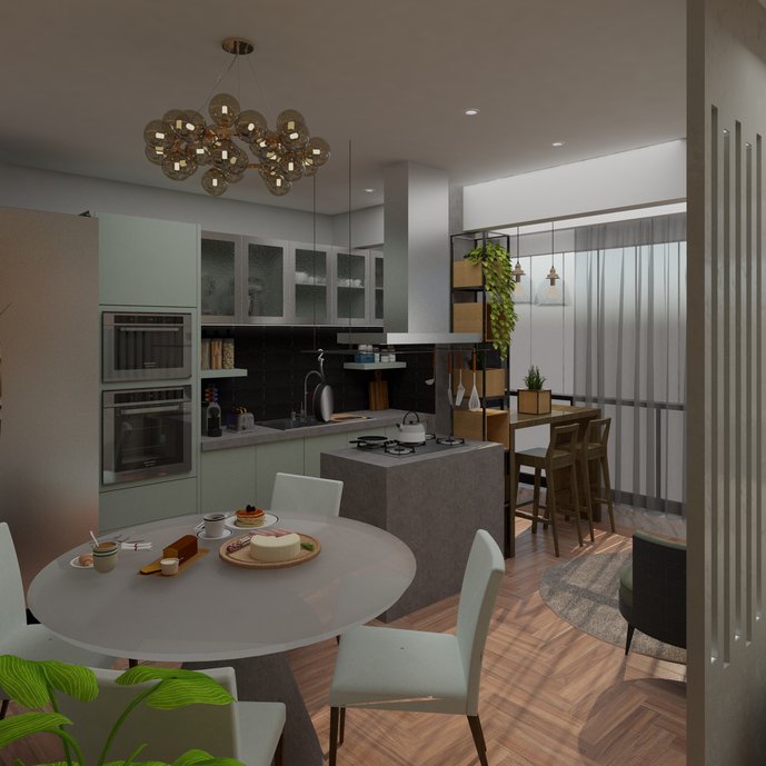 Vista da entrada para a sala de jantar, cozinha e varanda gourmet.