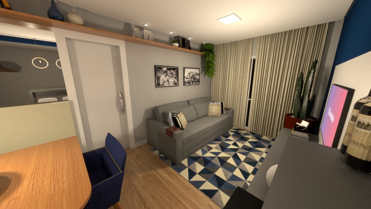 Sala de estar integrada adequada para utilização de móveis que o casal já possuía. A parede principal foi pintada com um azul escuro para maior destaque e foram utilizadas prateleiras altas para maior aproveitamento do espaço.