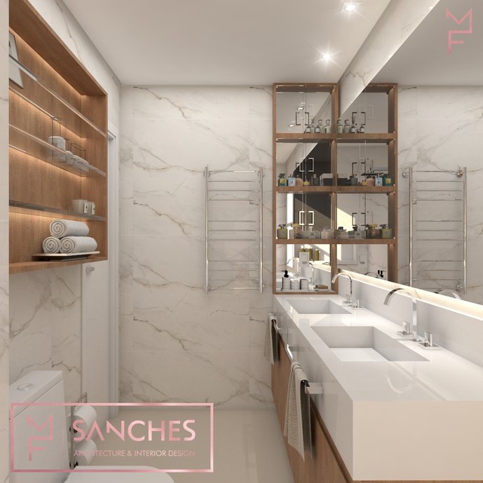 lguns tipos de porcelanato reproduzem com total fidelidade a beleza de material nobre e podem trazer um toque de classe e elegância, aos mais diferentes ambientes. Para esse projeto usamos o sofisticado Bianco Covelano da Portobello, deixando o ambiente perfeito, seja nos banheiros, salas de jantar, paredes externas e fachadas. E o resultado, sempre um sucesso!