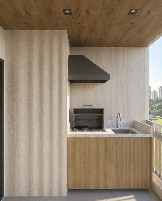 Área gourmet, projetada para trazer identidade, com dois revestimentos que se conversão entre si, trazendo textura de uma forma leve e sofisticada para o ambiente.