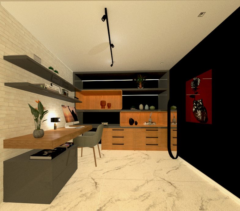 home office, com marcenaria modelar e com acabamentos piso_ bianco floe 